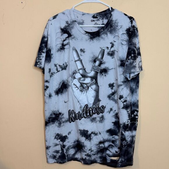 On Fire distressed tie-dye t-shirt with a "Kindness" graphic size 2X - Picture 1 of 5